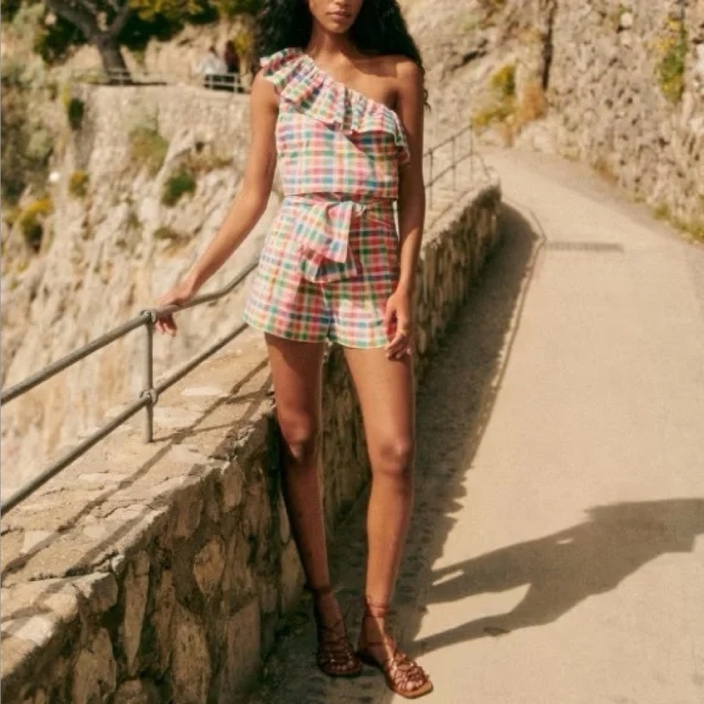 Sezane Pastel Plaid High-Waist Shorts